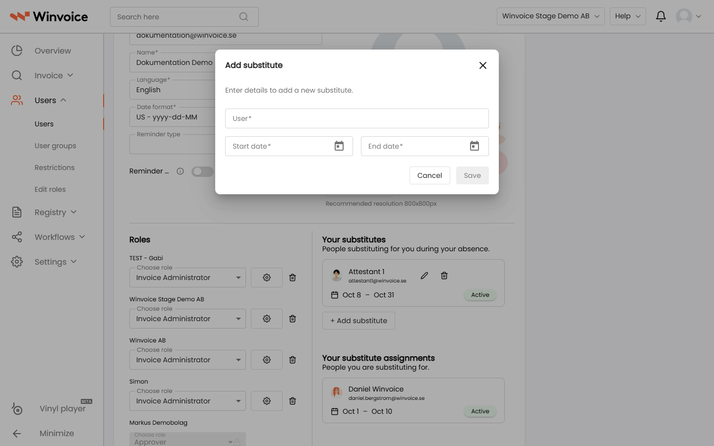 Add substitute modal with user selection and date range