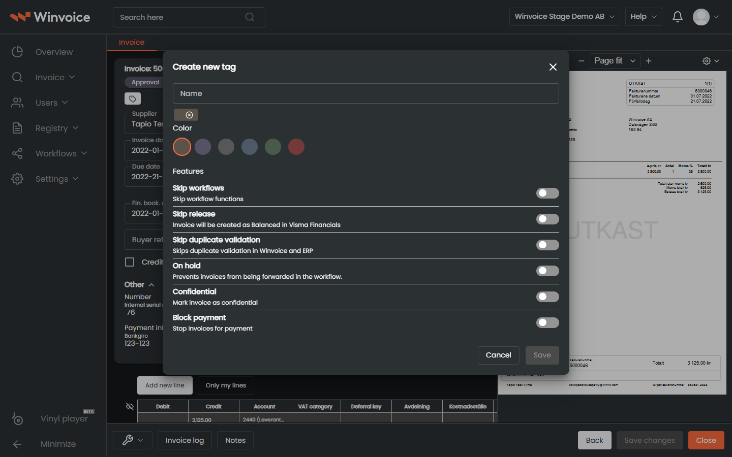Create invoice tag with payment hold and confidentiality