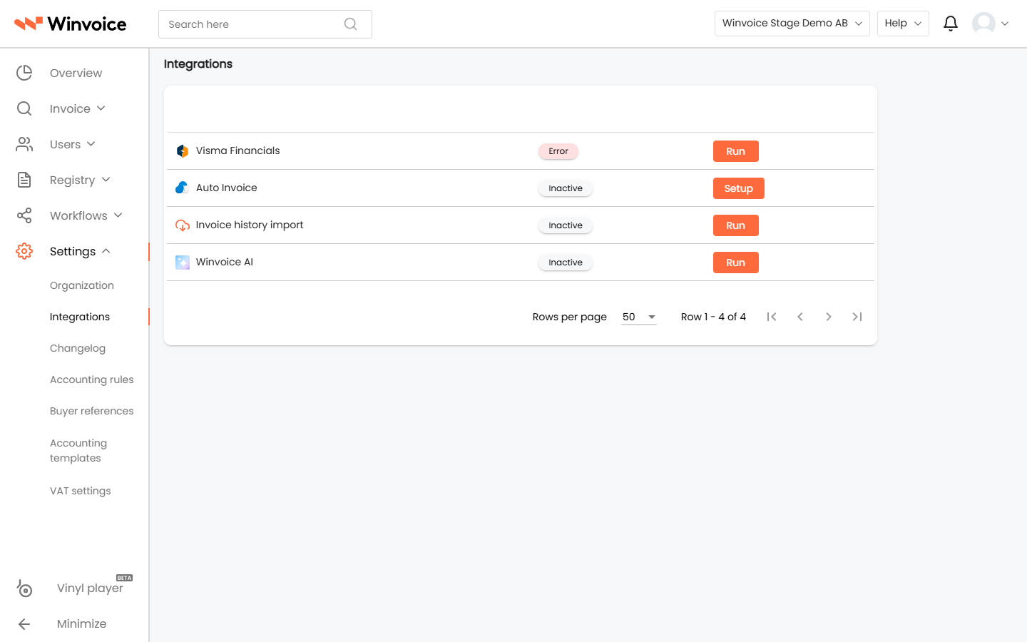 Settings -> Integrations view