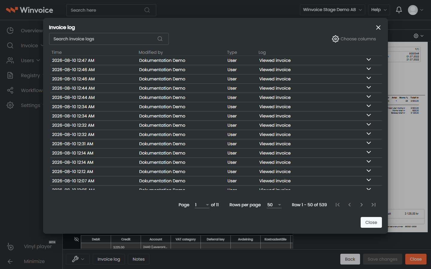 Invoice audit log with timestamps and revision history