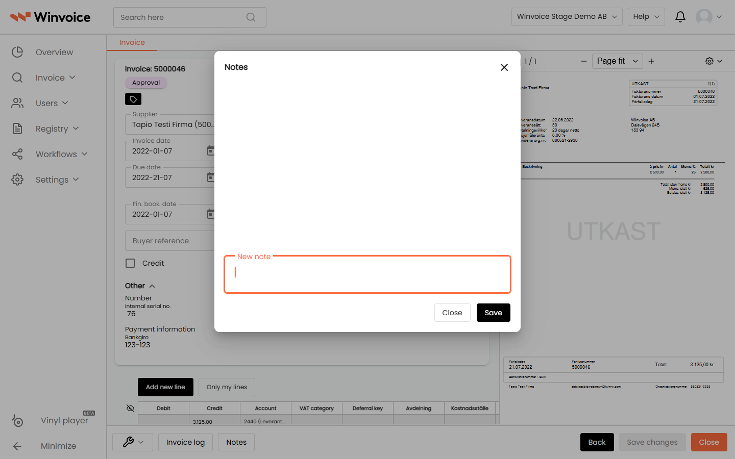 Invoice notes and internal communication modal