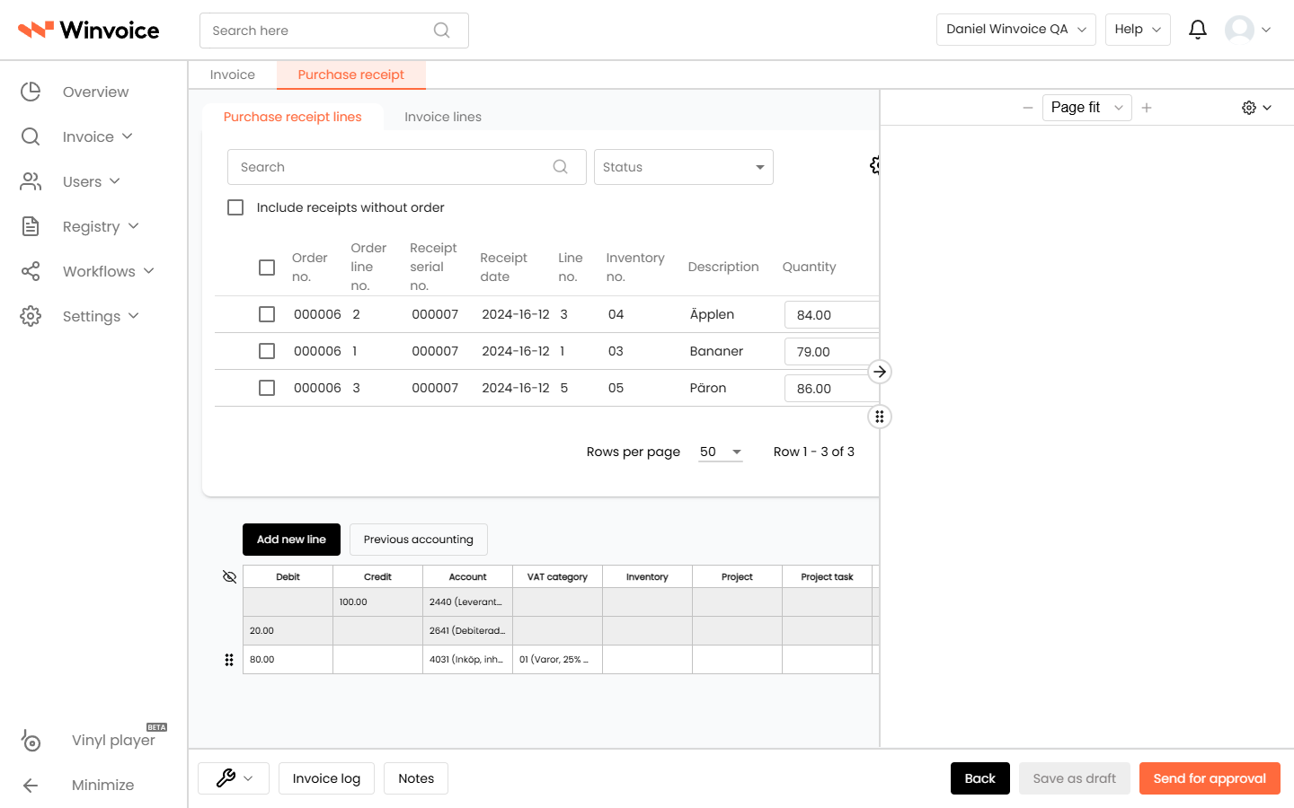 Purchase receipts tab on invoice page