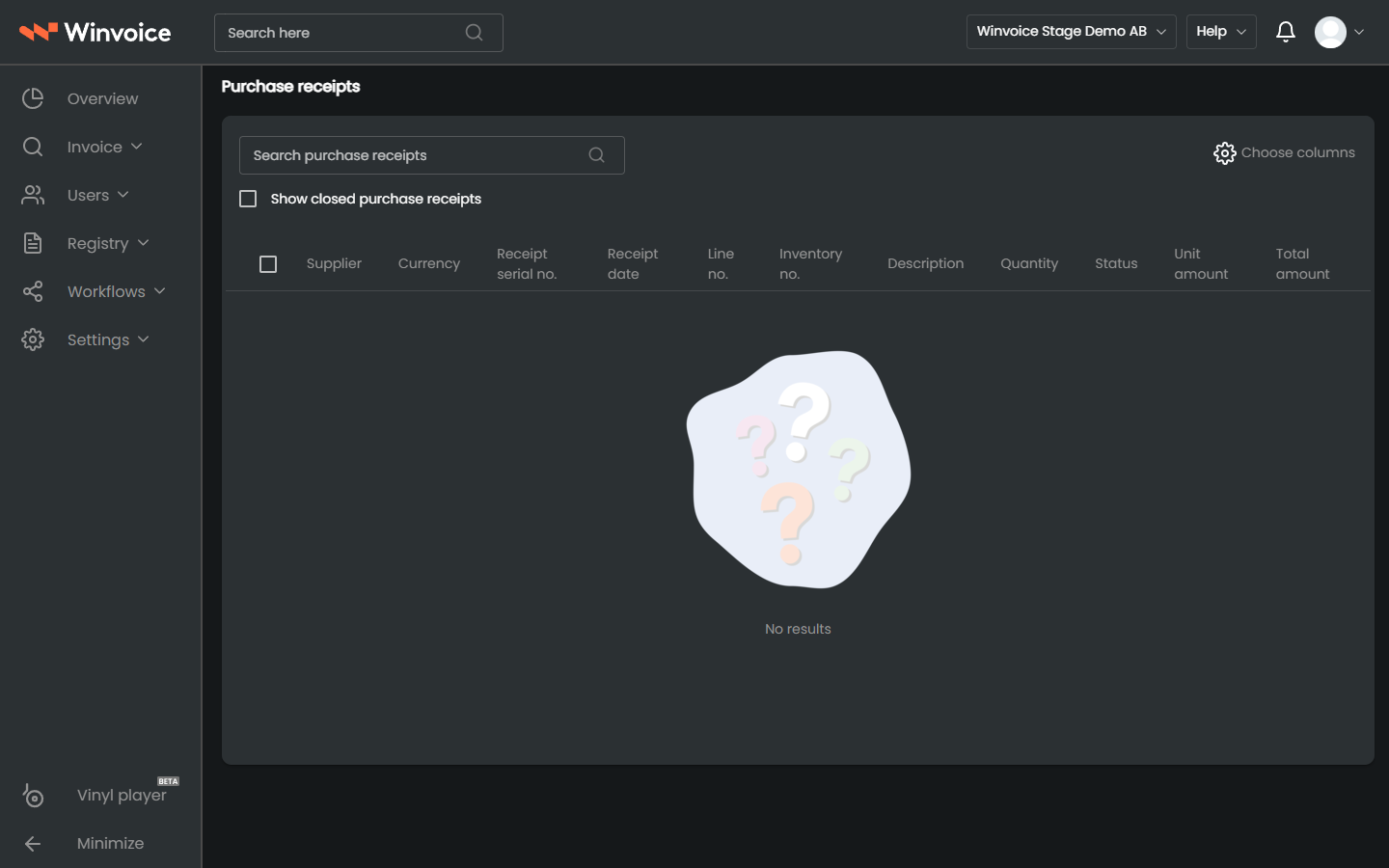 Purchase orders registry in Winvoice
