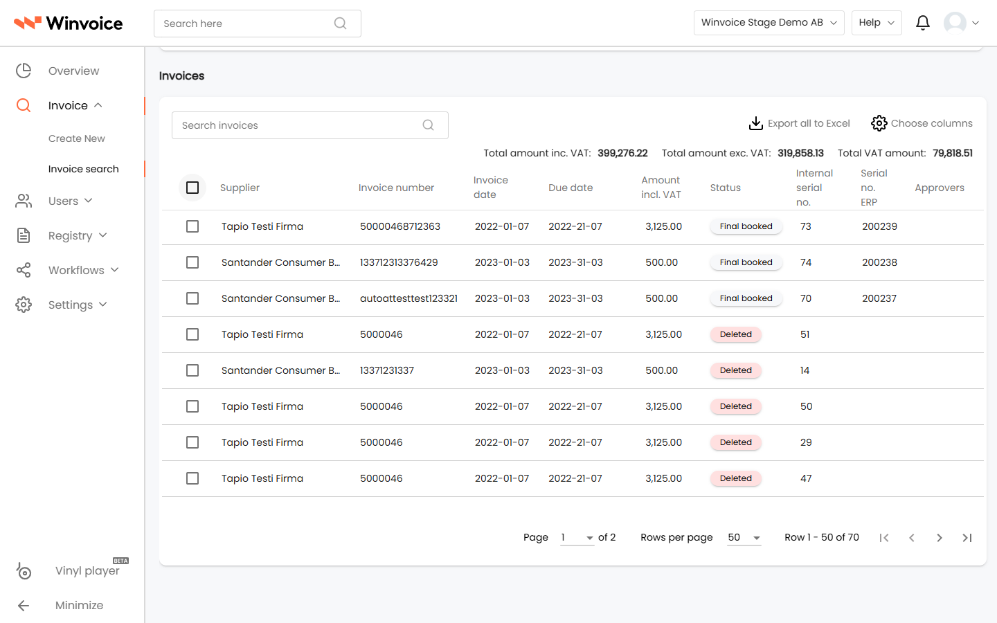 Invoice search with Include deleted invoices enabled