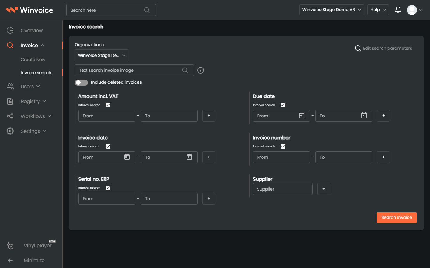 Search form in Invoice Search