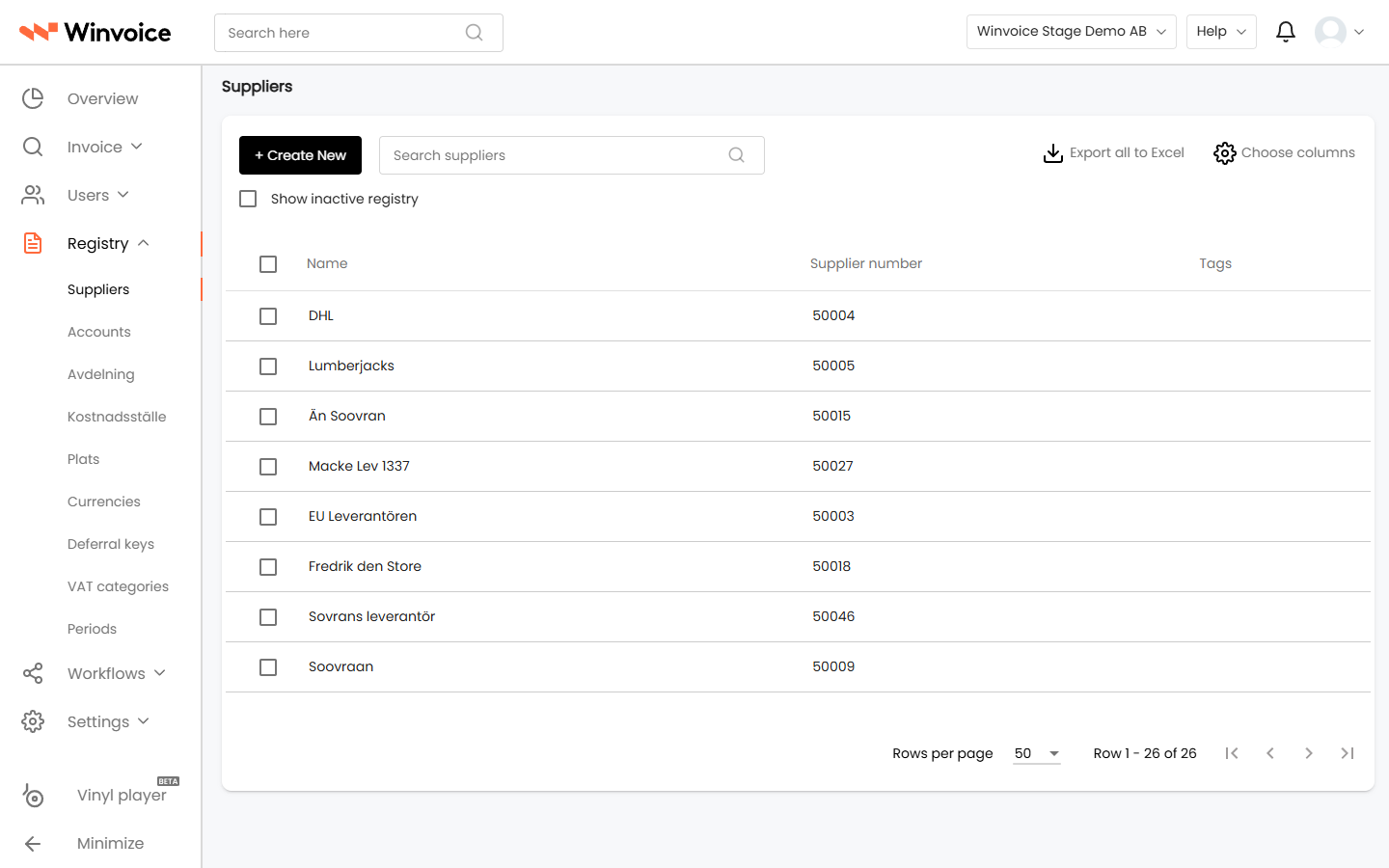 Supplier registry in Winvoice